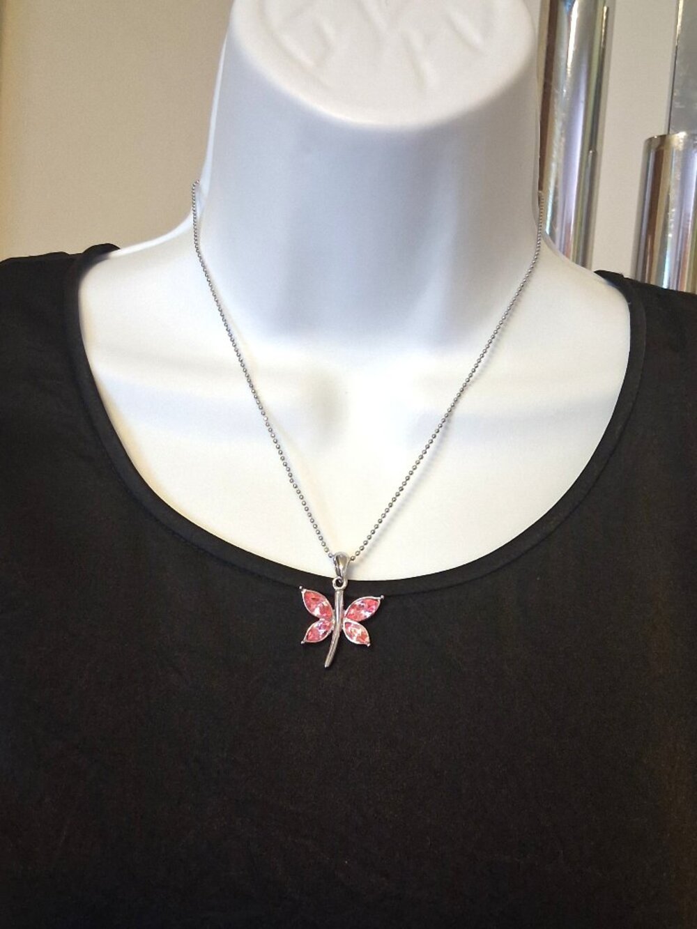 Vintage Artistic Butterfly Pendant Pink Austrian Crystal Silver-Plated Necklace